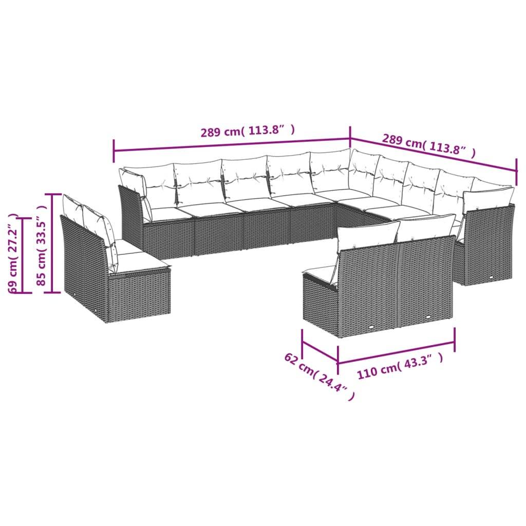 vidaXL 13-teiliges Gartensofa-Set mit Kissen, schwarzes Polyrattan