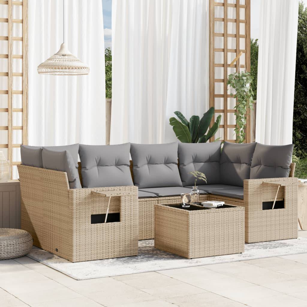 vidaXL 7-tlg. Garten-Sofagarnitur mit Kissen Beige Poly Rattan