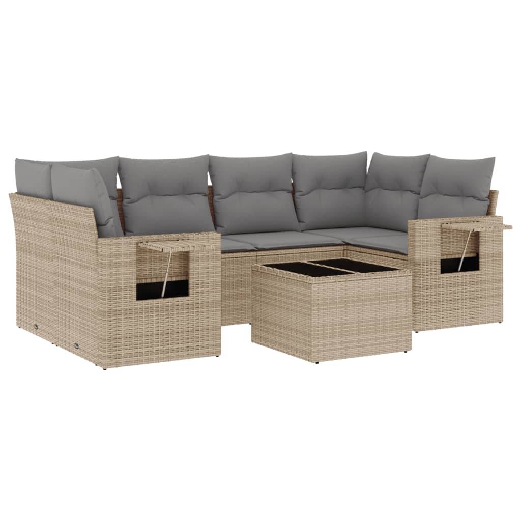 vidaXL 7-tlg. Garten-Sofagarnitur mit Kissen Beige Poly Rattan