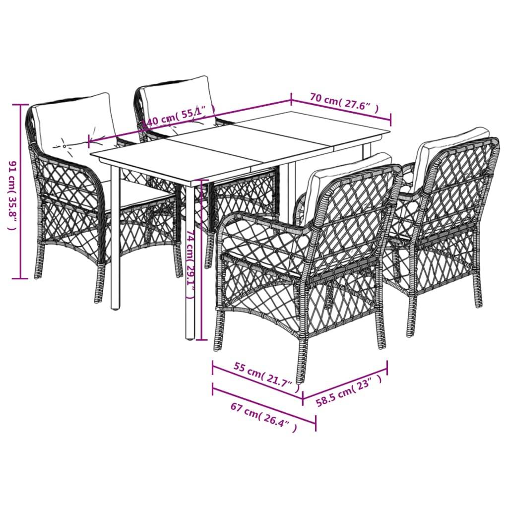 vidaXL 5-tlg. Garten-Essgruppe mit Kissen Schwarz Poly Rattan