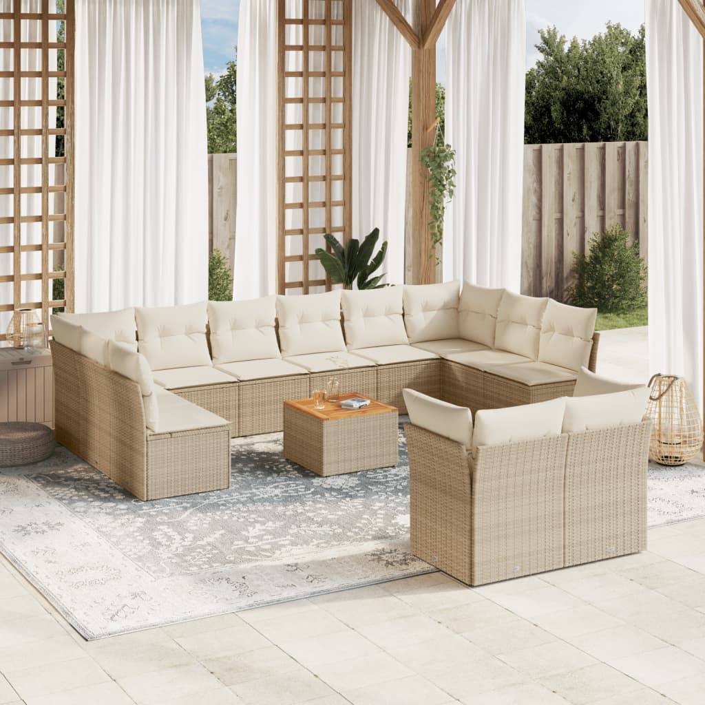 vidaXL 13-tlg. Garten-Sofagarnitur mit Kissen Beige Poly Rattan