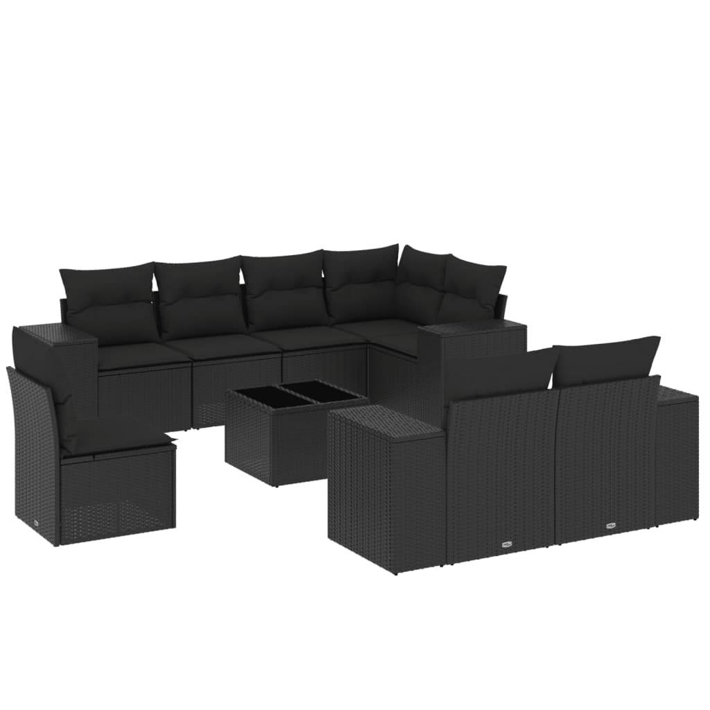 vidaXL 9-tlg. Garten-Sofagarnitur mit Kissen Schwarz Poly Rattan