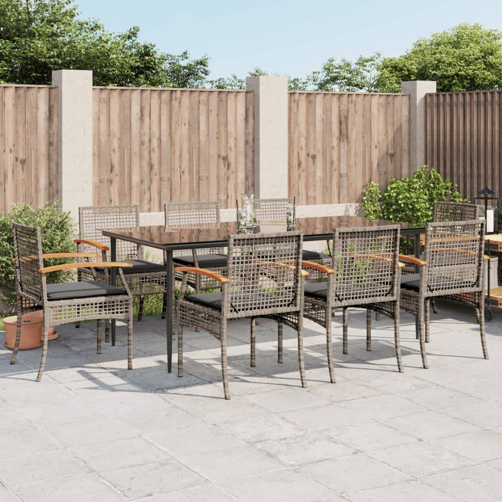 vidaXL 9-tlg. Garten-Essgruppe mit Kissen Grau Poly Rattan