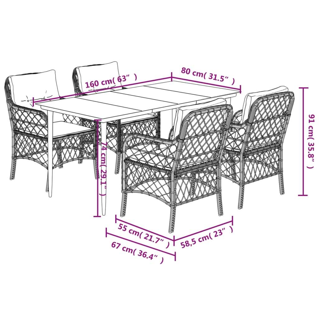 vidaXL 5-tlg. Garten-Essgruppe mit Kissen Hellgrau Poly Rattan