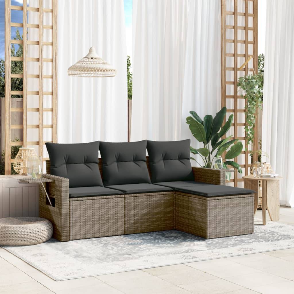 vidaXL 4-tlg. Garten-Sofagarnitur mit Kissen Grau Poly Rattan