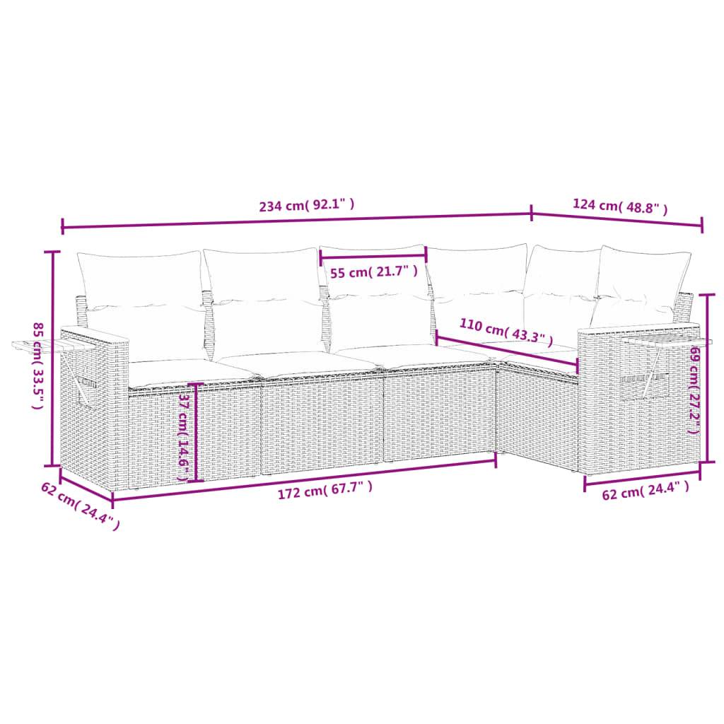 vidaXL 5-tlg. Garten-Sofagarnitur mit Kissen Grau Poly Rattan