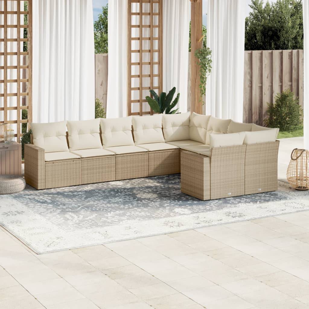 vidaXL 9-tlg. Garten-Sofagarnitur mit Kissen Beige Poly Rattan