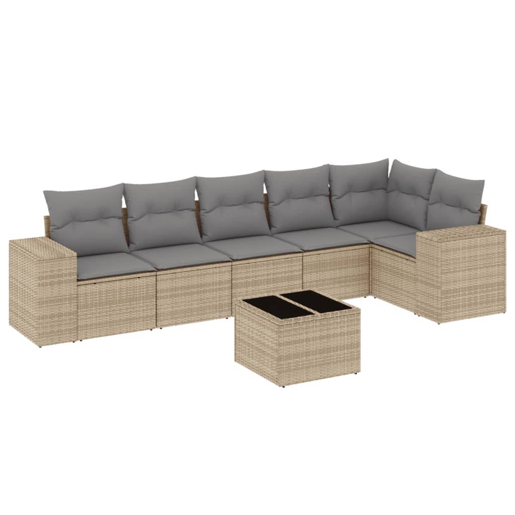 vidaXL 7-tlg. Garten-Sofagarnitur mit Kissen Beige Poly Rattan