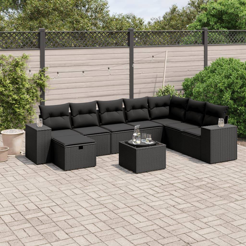 vidaXL 9-tlg. Garten-Sofagarnitur mit Kissen Schwarz Poly Rattan