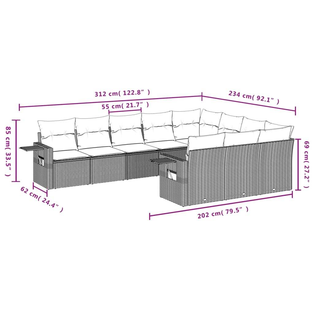 vidaXL 10-teiliges Gartensofa-Set mit Kissen, grau, Polyrattan