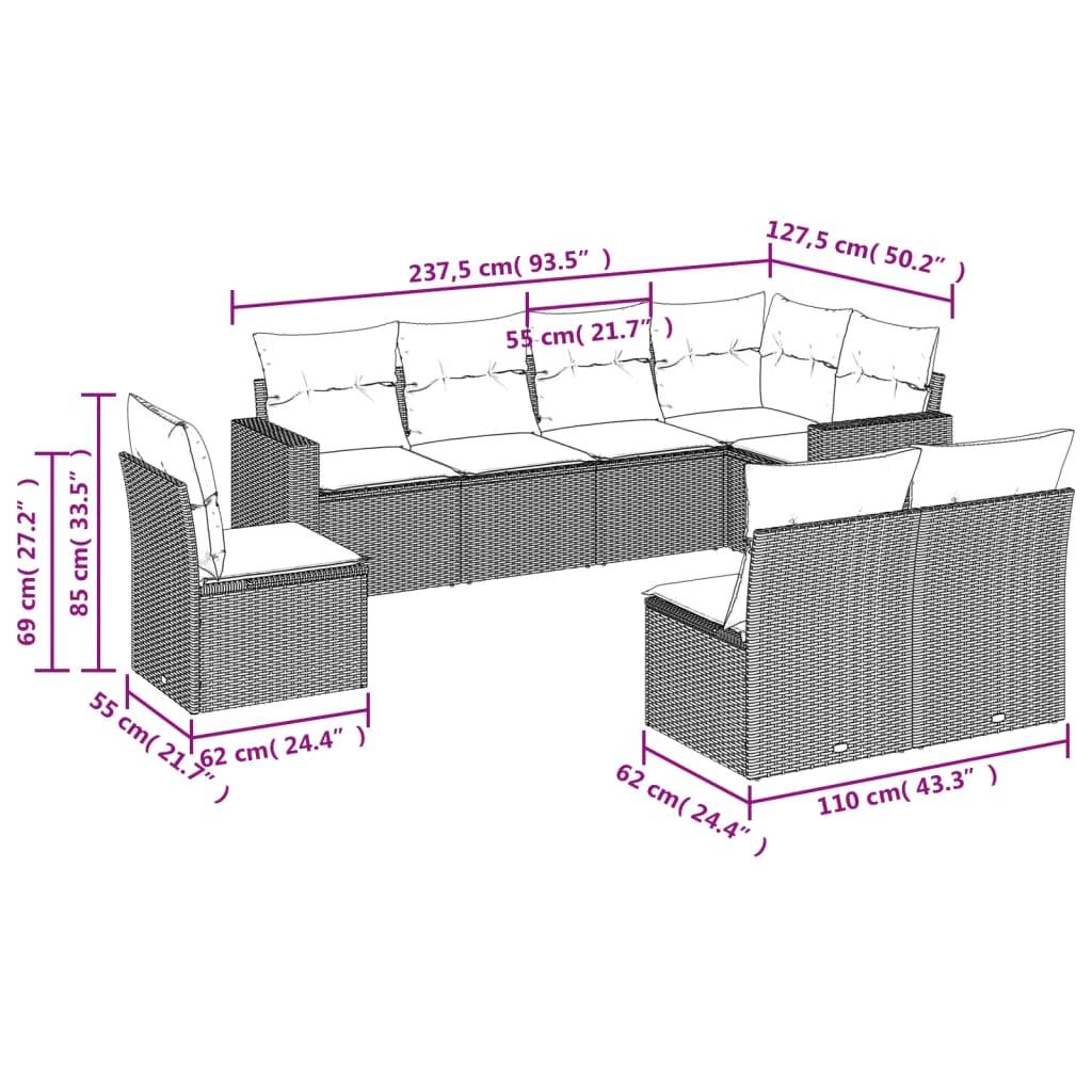vidaXL 8-tlg. Garten-Sofagarnitur mit Kissen Grau Poly Rattan