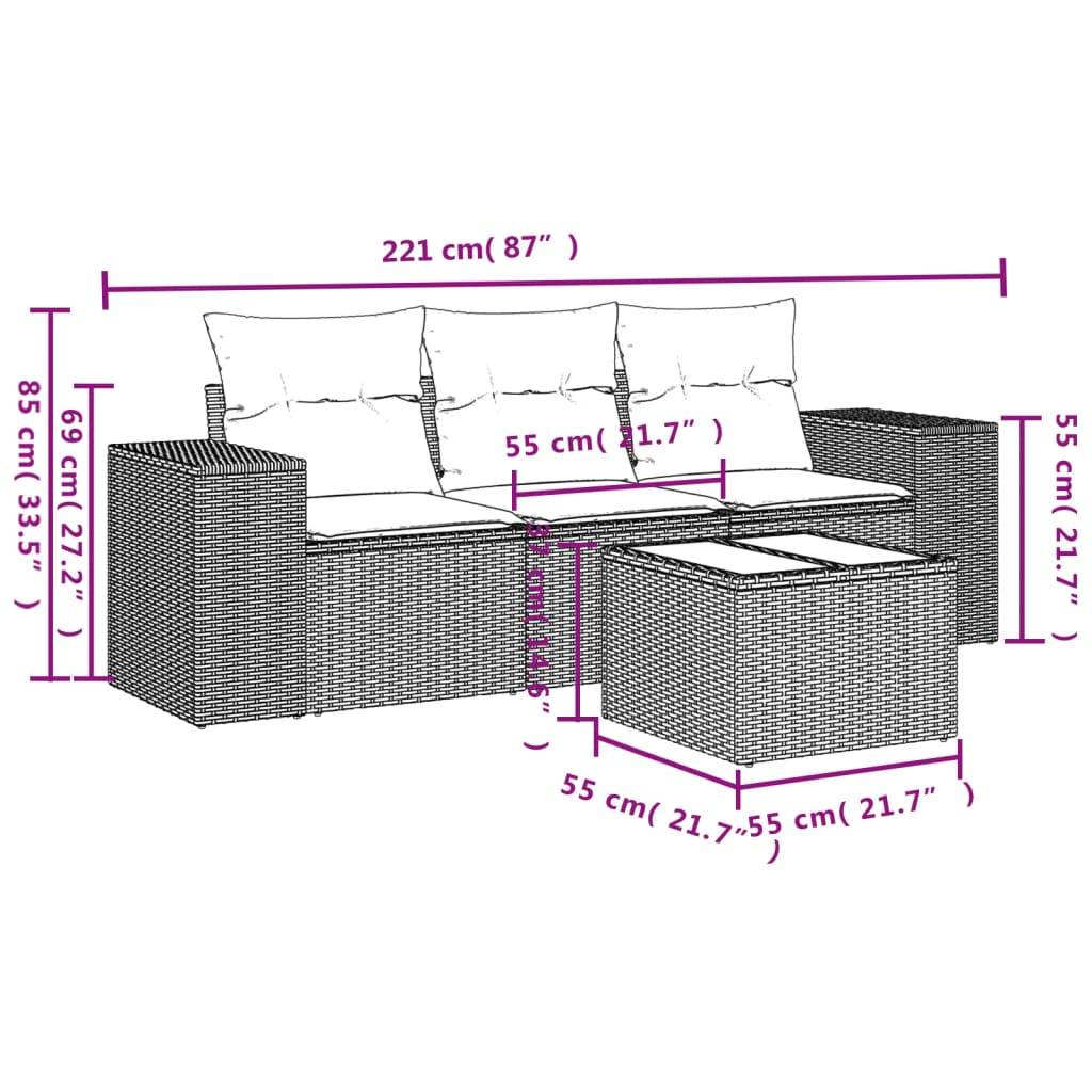 vidaXL 4-tlg. Garten-Sofagarnitur mit Kissen Braun Poly Rattan