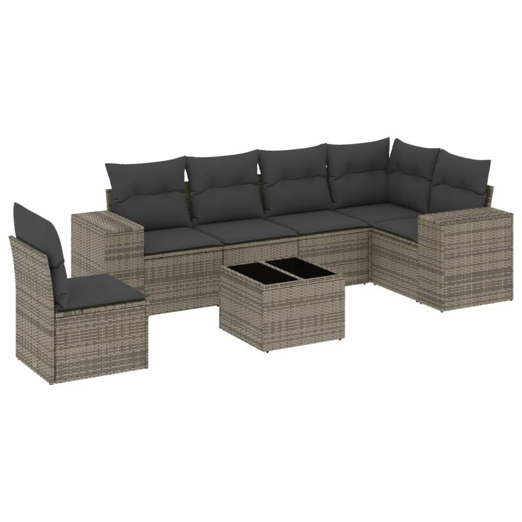 vidaXL 7-tlg. Garten-Sofagarnitur mit Kissen Grau Poly Rattan