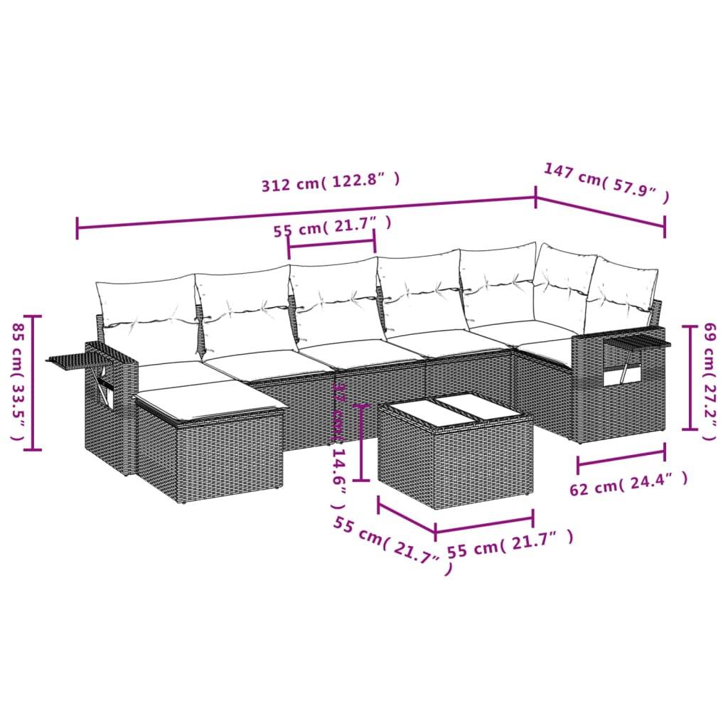 vidaXL 8-tlg. Garten-Sofagarnitur mit Kissen Braun Poly Rattan