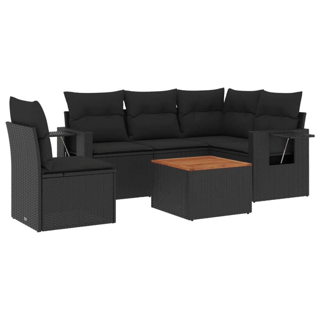 vidaXL 6-tlg. Garten-Sofagarnitur mit Kissen Schwarz Poly Rattan