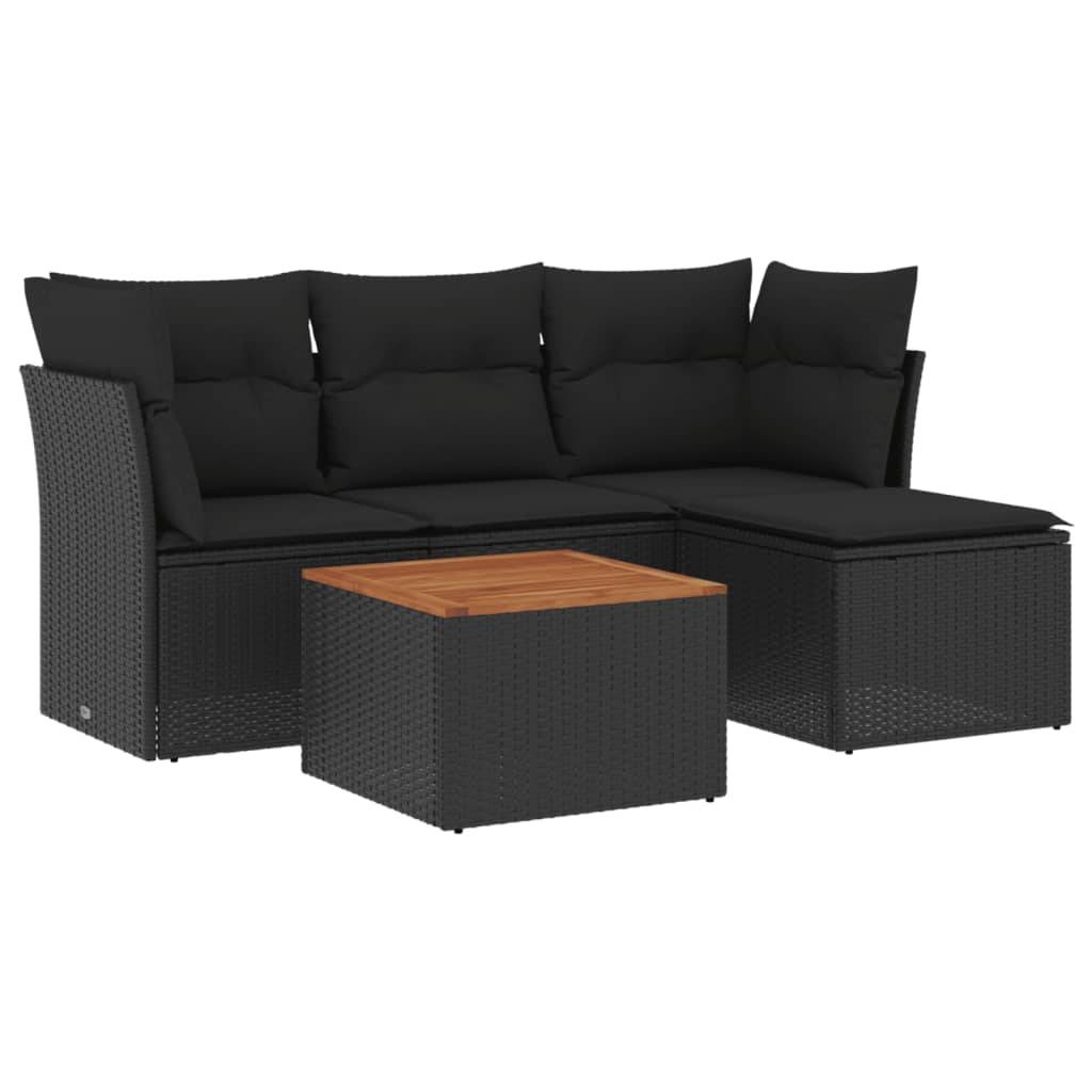 vidaXL 5-tlg. Garten-Sofagarnitur mit Kissen Schwarz Poly Rattan