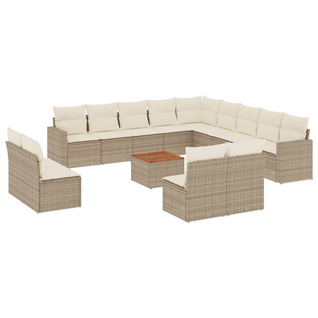 vidaXL 14-tlg. Garten-Sofagarnitur mit Kissen Beige Poly Rattan