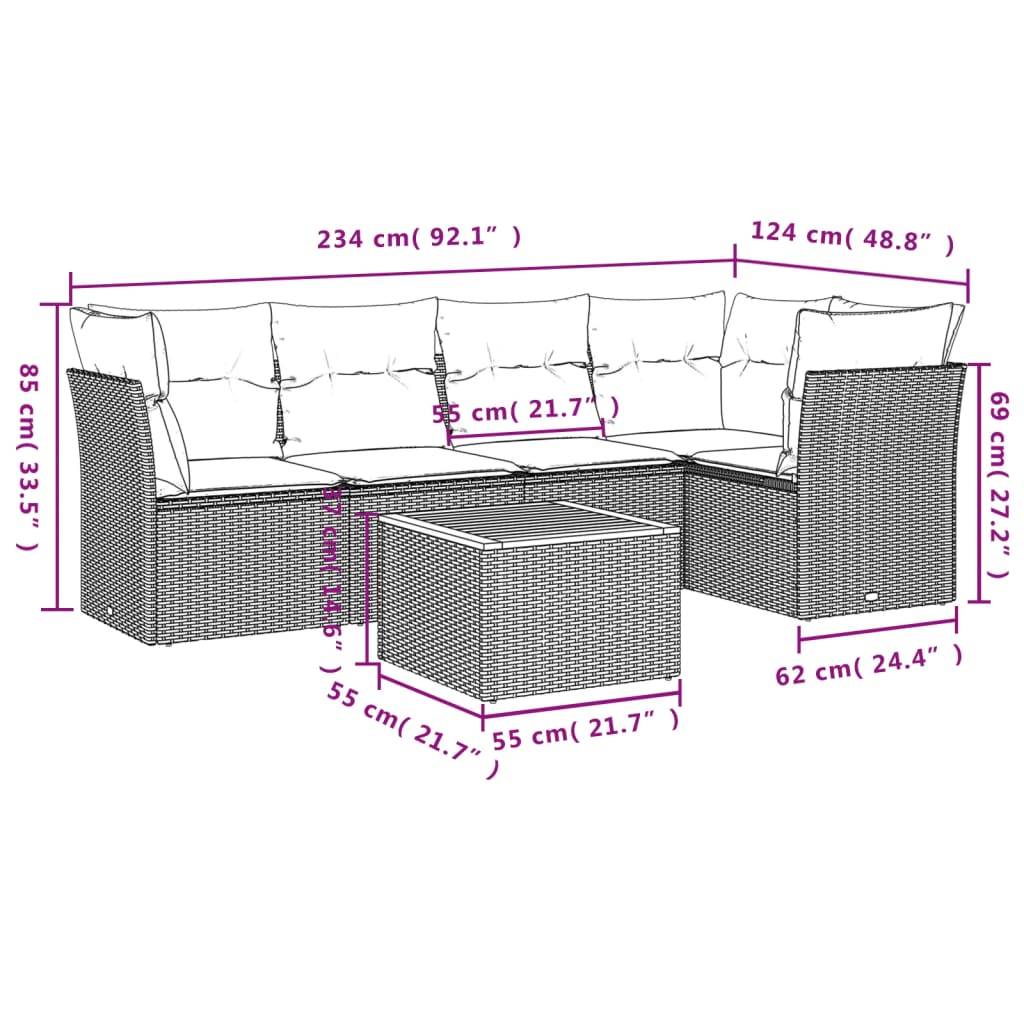 vidaXL 6-tlg. Garten-Sofagarnitur mit Kissen Beige Poly Rattan