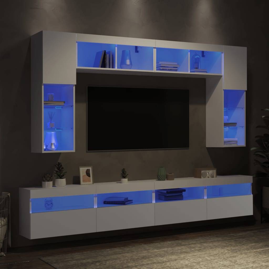 vidaXL 8-tlg. TV-Wohnwand mit LED-Leuchten Weiß