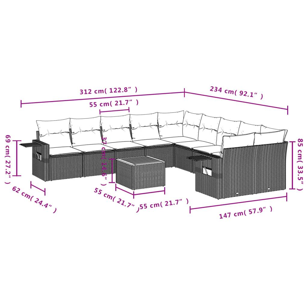 vidaXL 11-teiliges Gartensofa-Set mit Kissen, grau, Polyrattan