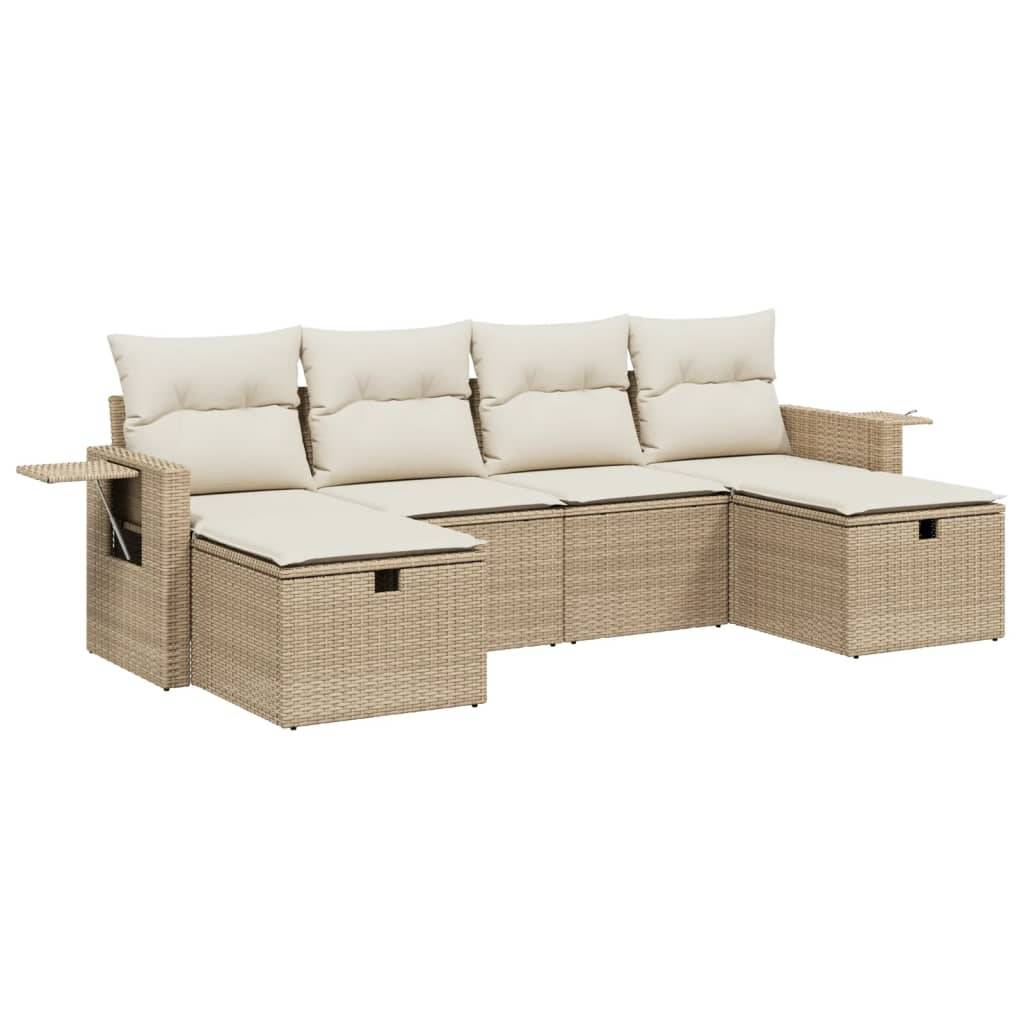 vidaXL 6-tlg. Garten-Sofagarnitur mit Kissen Beige Poly Rattan