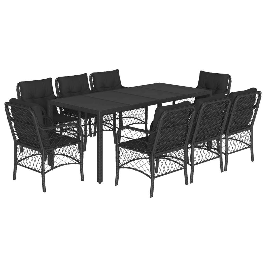 vidaXL 9-tlg. Garten-Essgruppe mit Kissen Schwarz Poly Rattan