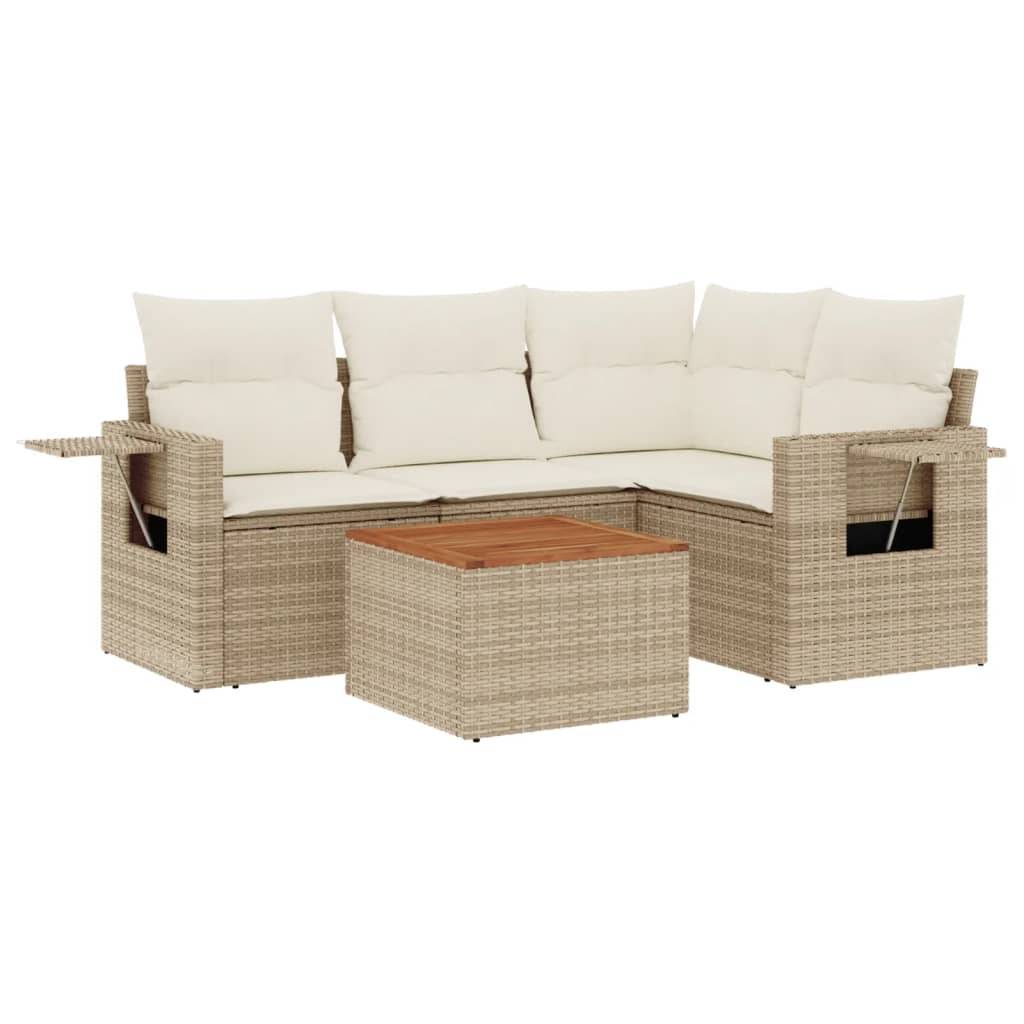 vidaXL 5-tlg. Garten-Sofagarnitur mit Kissen Beige Poly Rattan