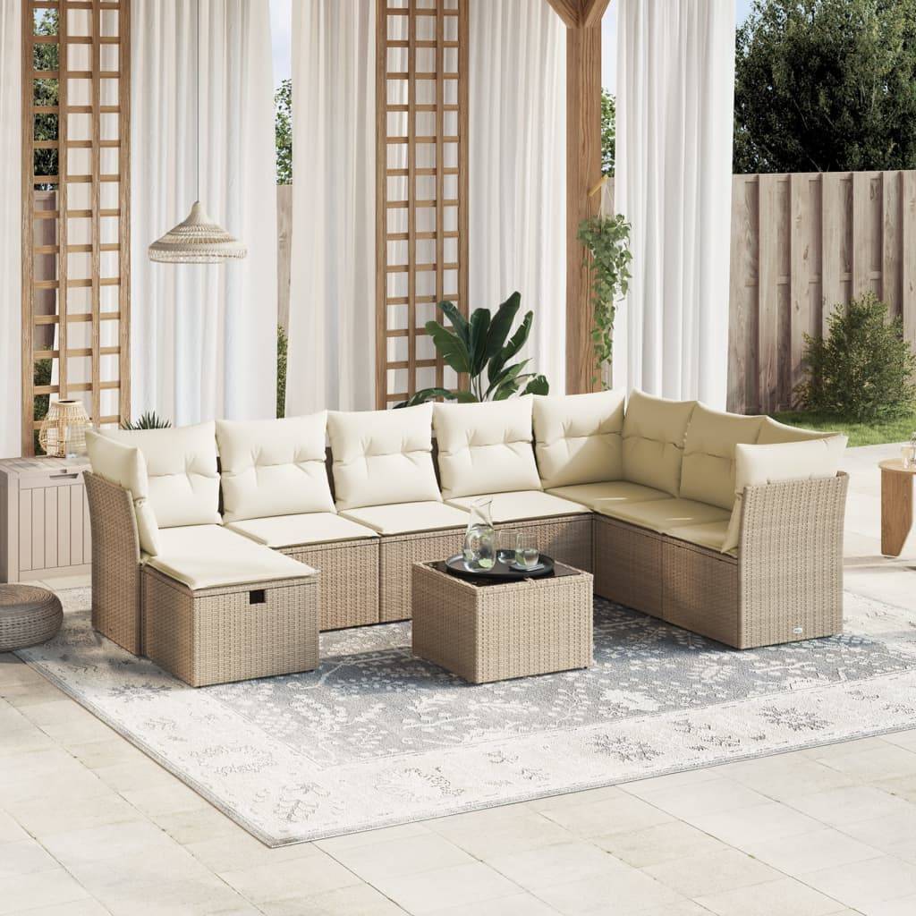 vidaXL 9-tlg. Garten-Sofagarnitur mit Kissen Beige Poly Rattan