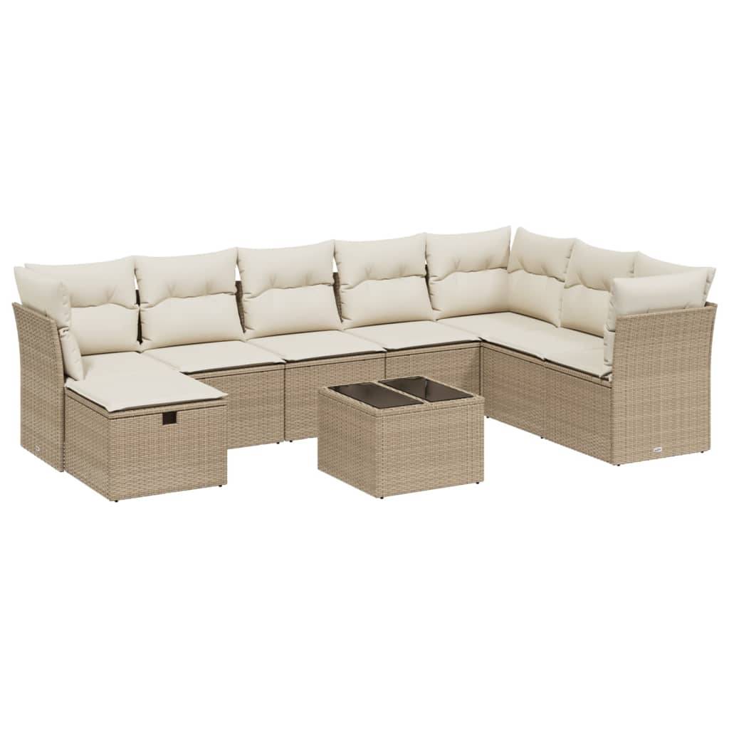 vidaXL 9-tlg. Garten-Sofagarnitur mit Kissen Beige Poly Rattan