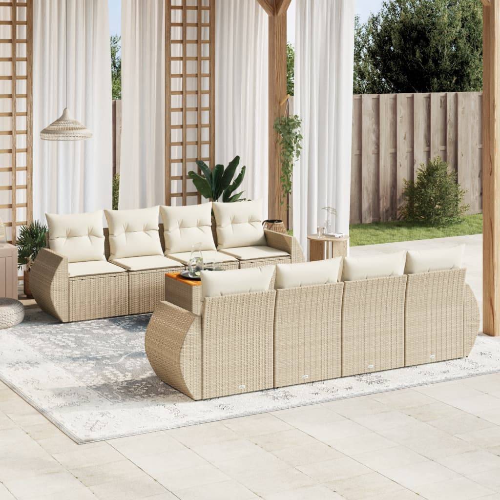 vidaXL 9-tlg. Garten-Sofagarnitur mit Kissen Beige Poly Rattan