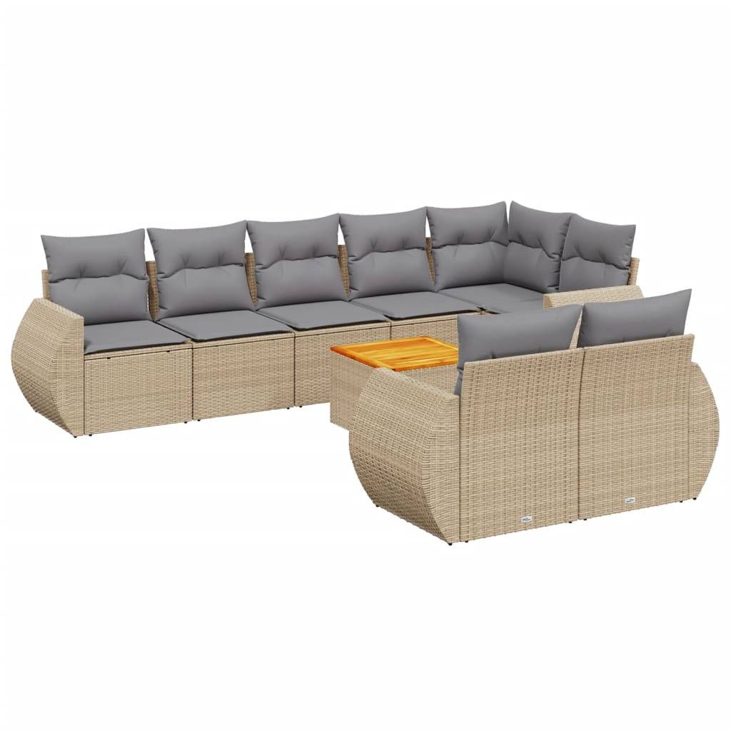 vidaXL 9-tlg. Garten-Sofagarnitur mit Kissen Beige Poly Rattan
