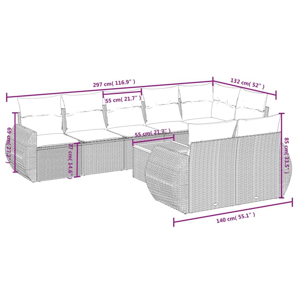 vidaXL 9-tlg. Garten-Sofagarnitur mit Kissen Beige Poly Rattan