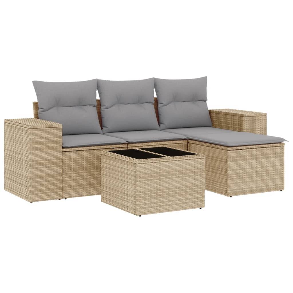 vidaXL 5-tlg. Garten-Sofagarnitur mit Kissen Beige Poly Rattan