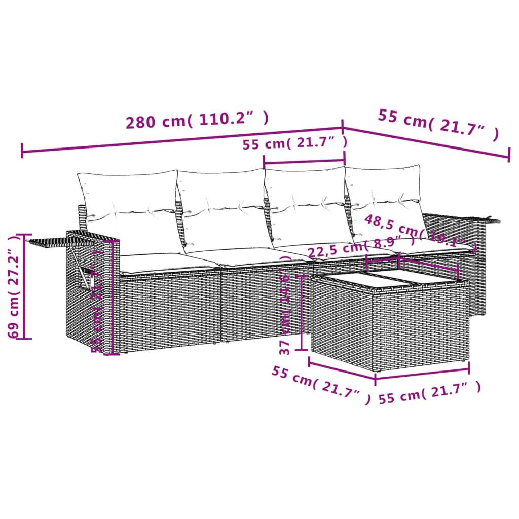 vidaXL 5-teiliges Gartensofa-Set mit Kissen, braun, Polyrattan