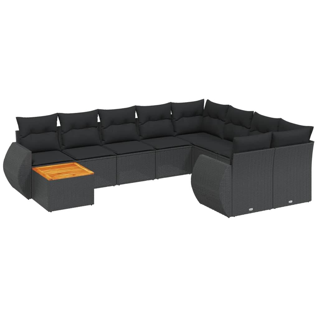 vidaXL 10-tlg. Garten-Sofagarnitur mit Kissen Schwarz Poly Rattan