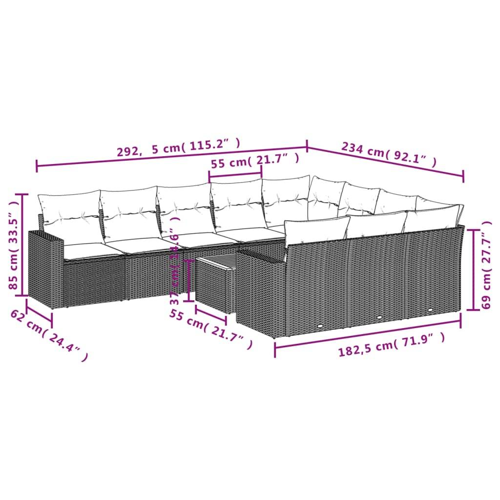vidaXL 11-tlg. Garten-Sofagarnitur mit Kissen Grau Poly Rattan