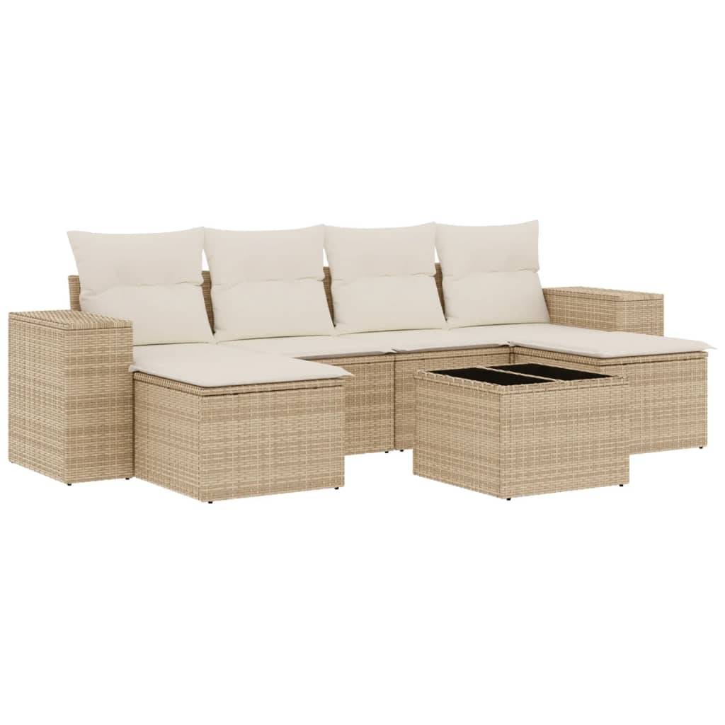 vidaXL 7-tlg. Garten-Sofagarnitur mit Kissen Beige Poly Rattan