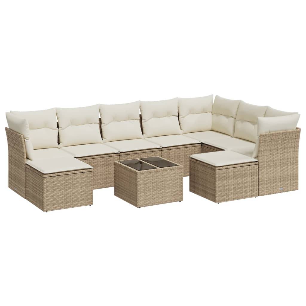 vidaXL 10-tlg. Garten-Sofagarnitur mit Kissen Beige Poly Rattan