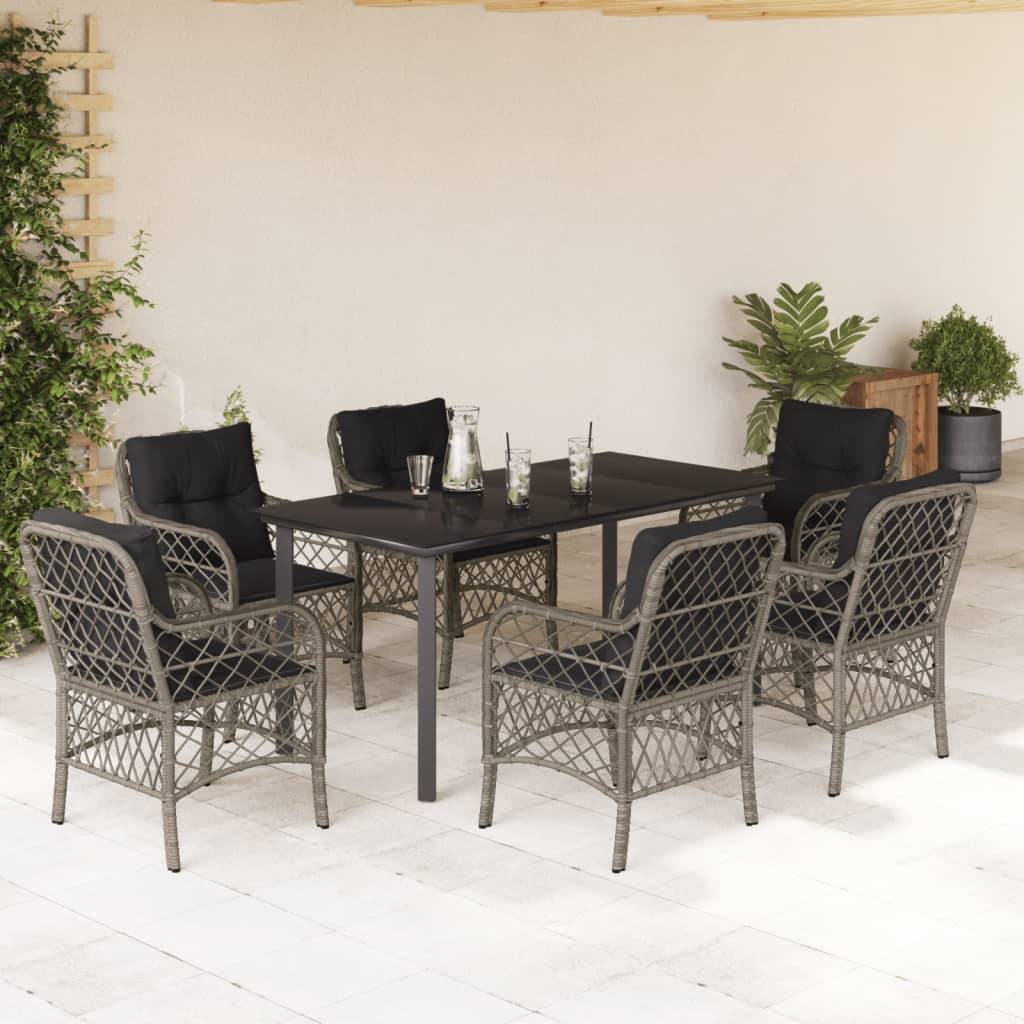 vidaXL 7-tlg. Garten-Essgruppe mit Kissen Grau Poly Rattan