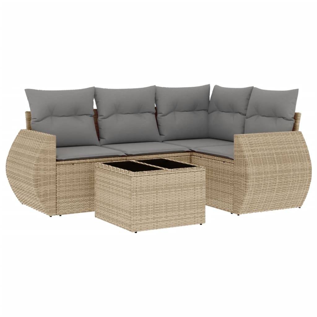 vidaXL 5-tlg. Garten-Sofagarnitur mit Kissen Beige Poly Rattan