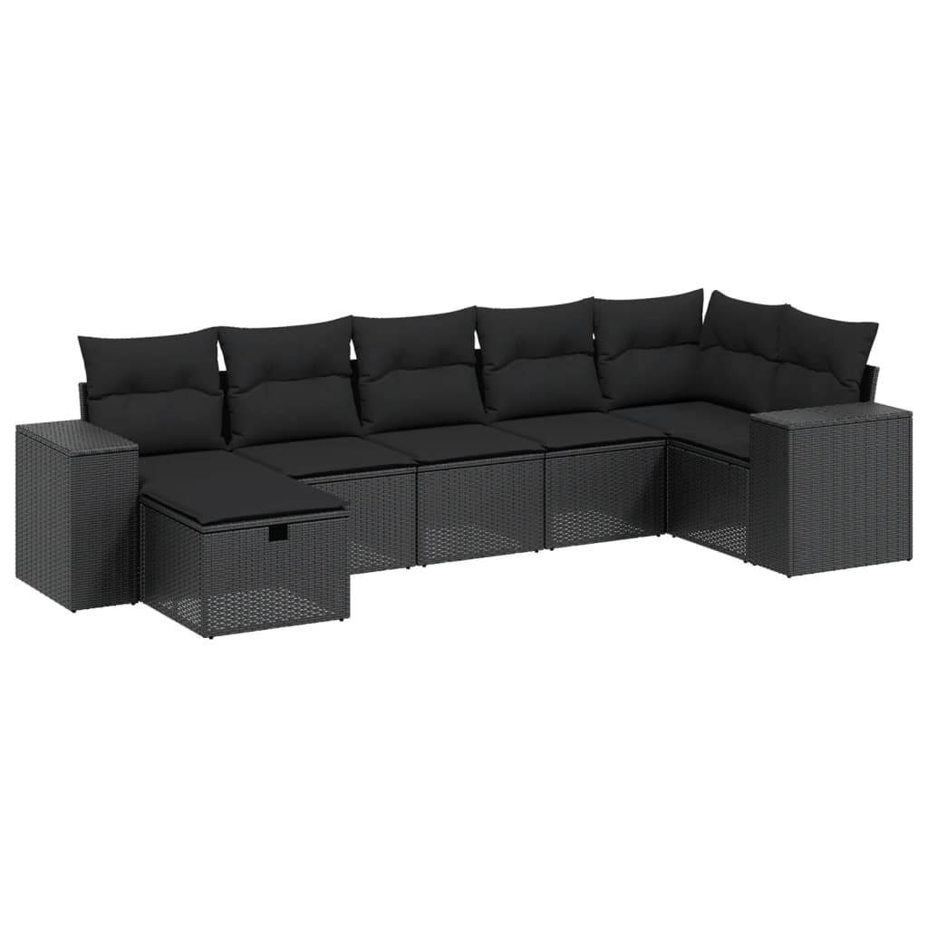 vidaXL 7-tlg. Garten-Sofagarnitur mit Kissen Schwarz Poly Rattan