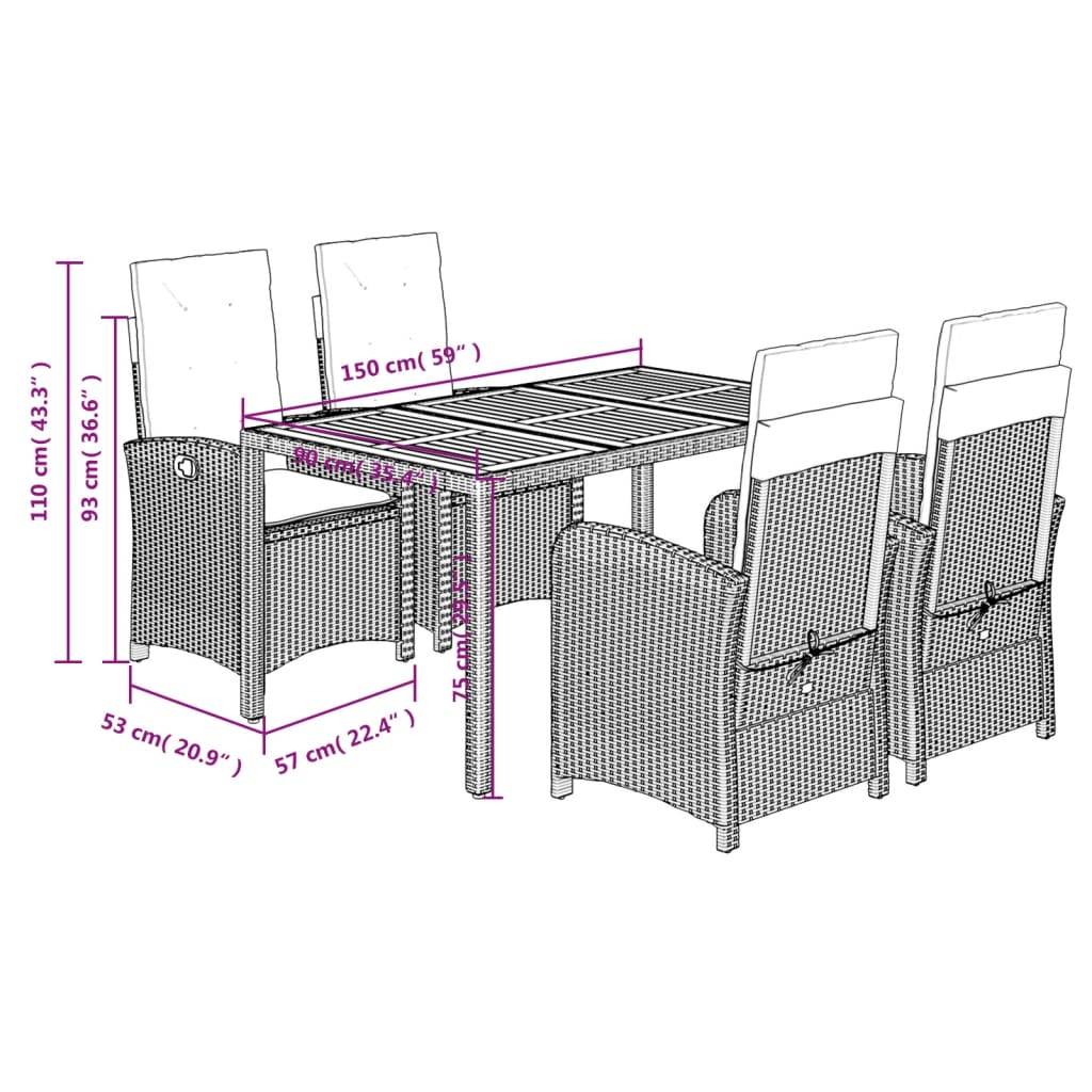 vidaXL 5-tlg. Garten-Essgruppe mit Kissen Grau Poly Rattan