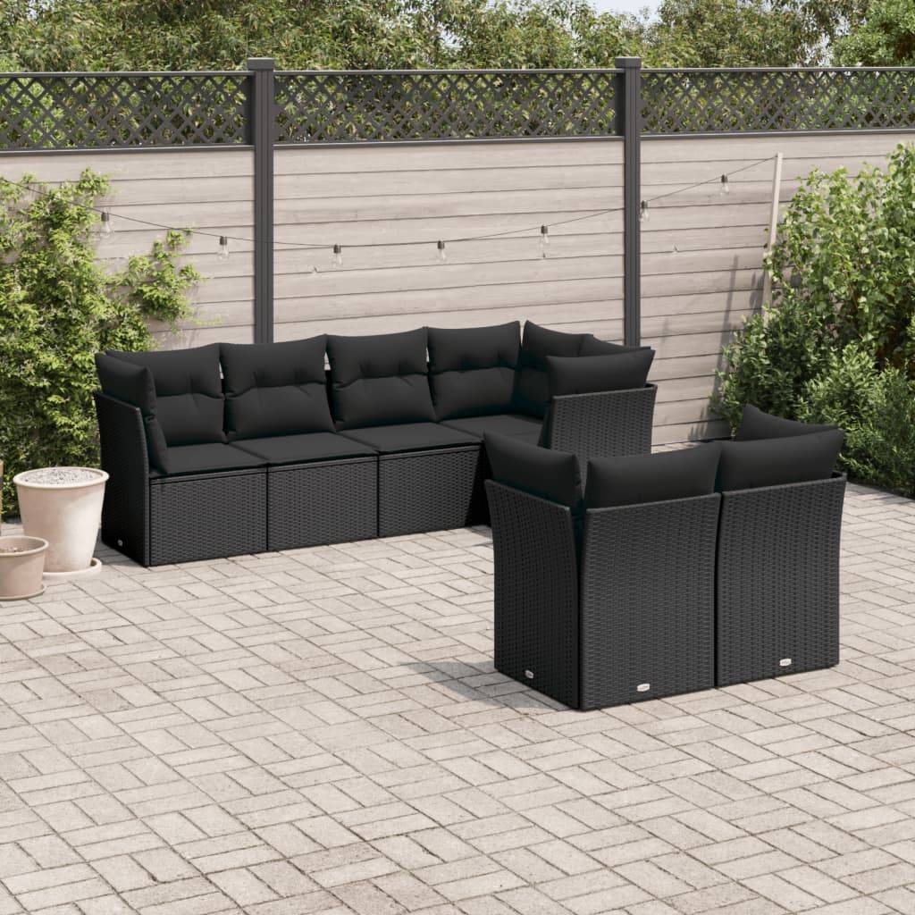 vidaXL 7-tlg. Garten-Sofagarnitur mit Kissen Schwarz Poly Rattan