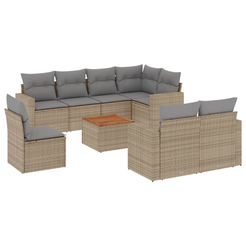 vidaXL 9-tlg. Garten-Sofagarnitur mit Kissen Beige Poly Rattan
