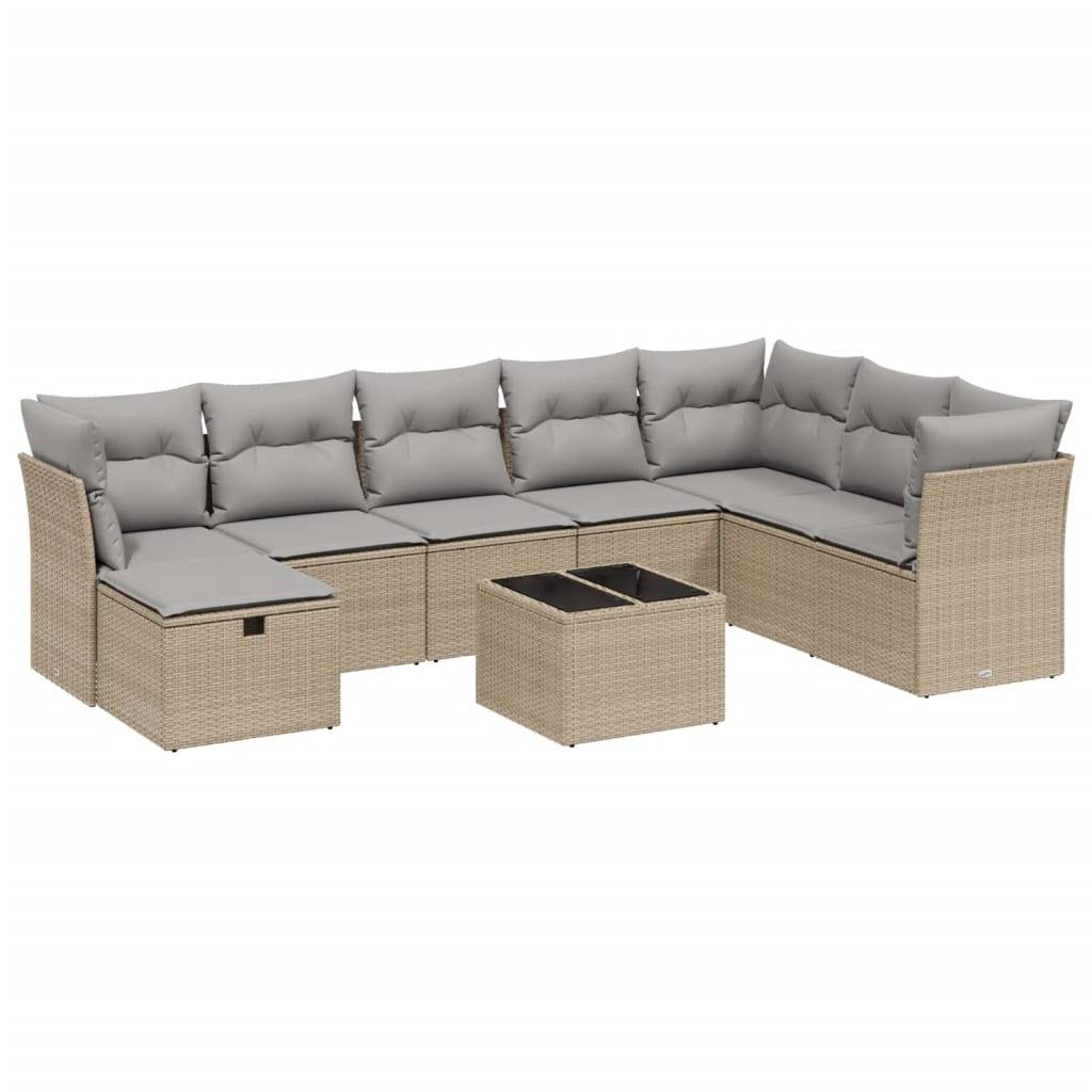 vidaXL 9-tlg. Garten-Sofagarnitur mit Kissen Beige Poly Rattan