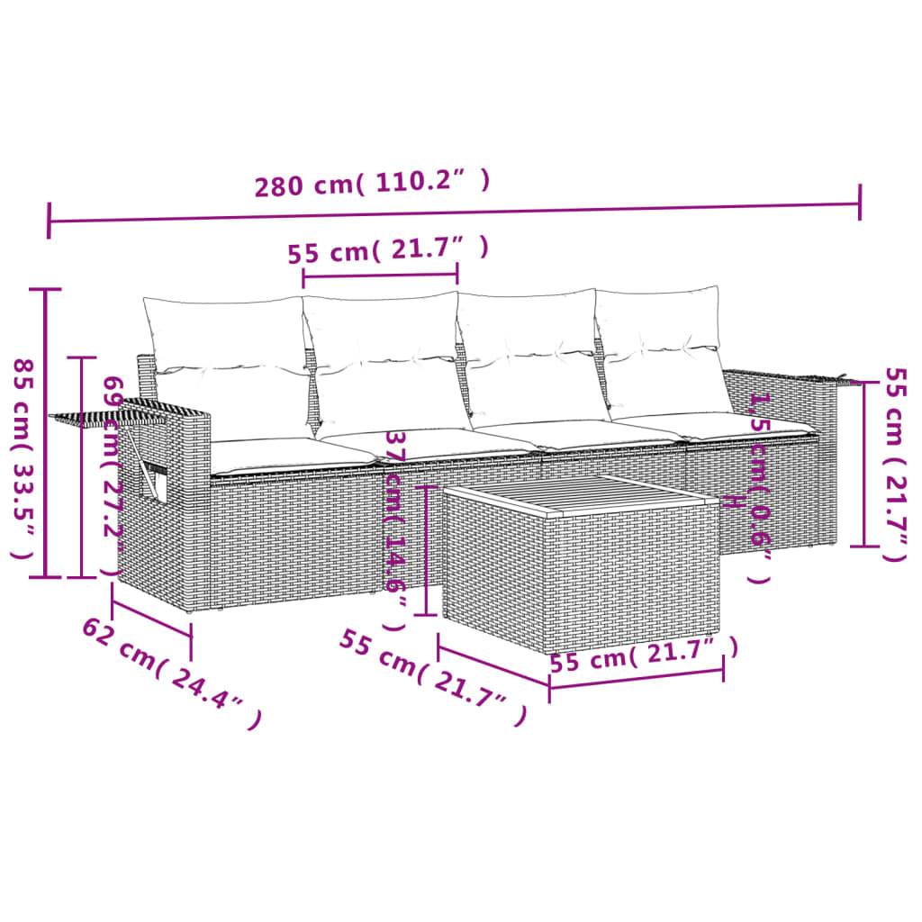 vidaXL 5-tlg. Garten-Sofagarnitur mit Kissen Grau Poly Rattan