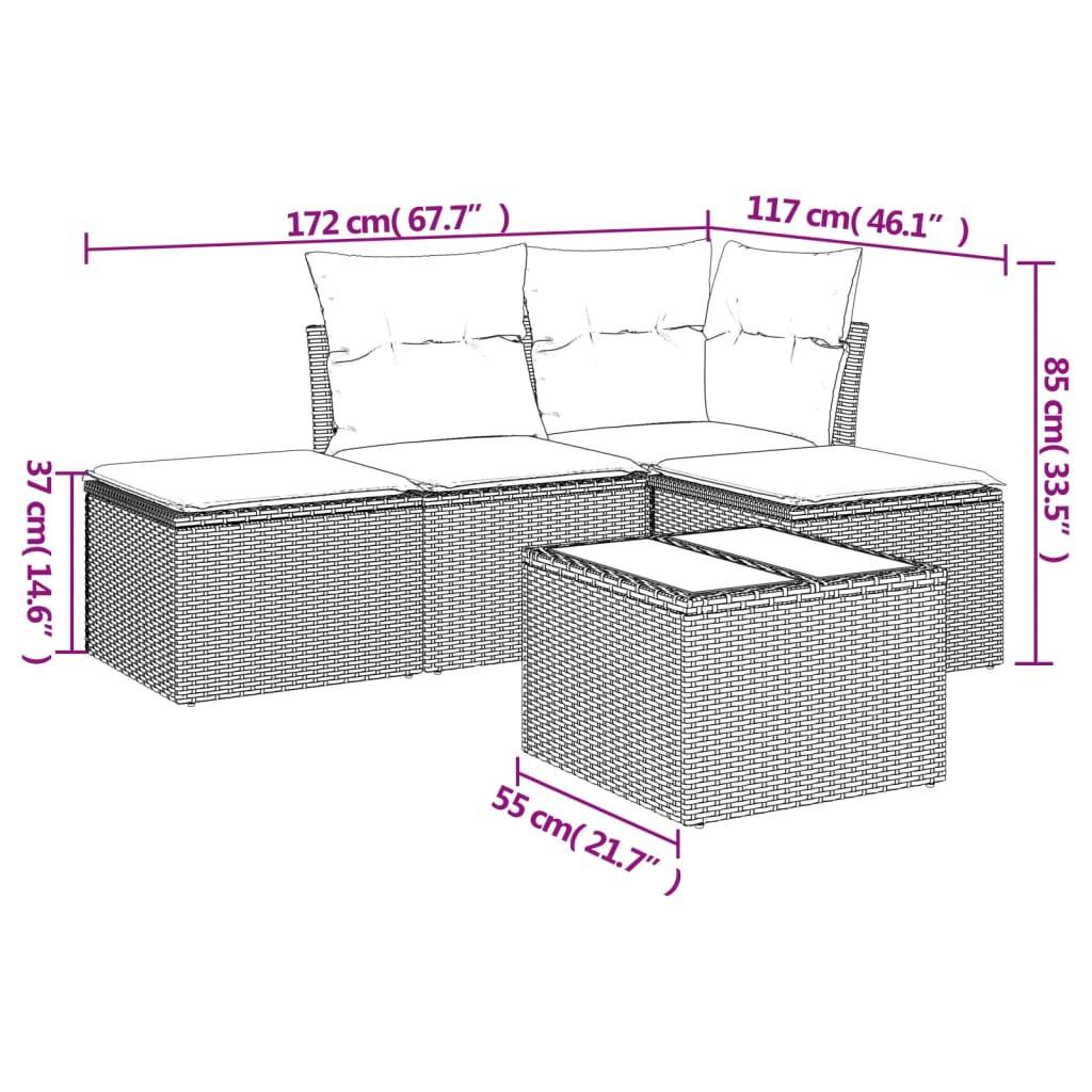 vidaXL 5-tlg. Garten-Sofagarnitur mit Kissen Braun Poly Rattan