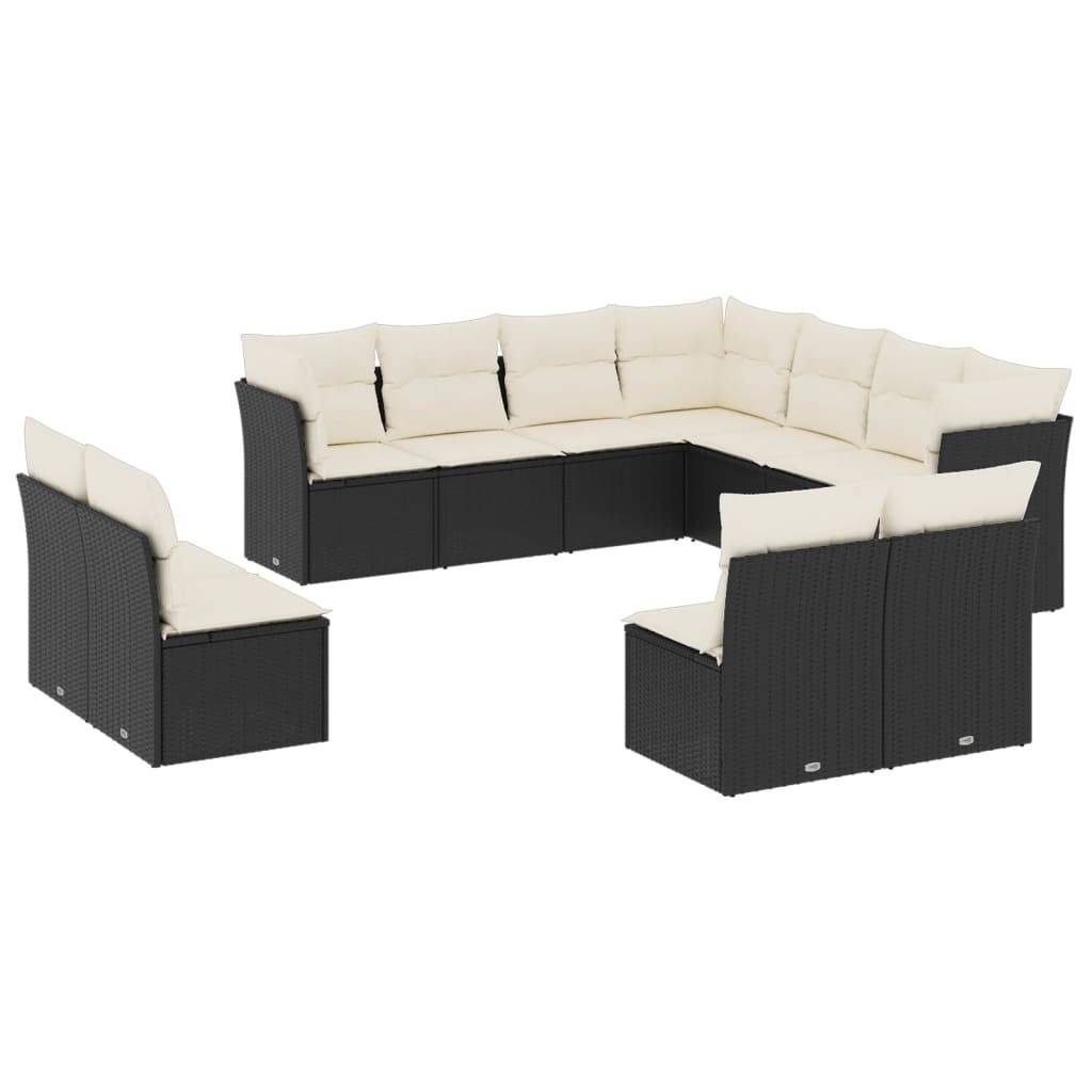 vidaXL 11-tlg. Garten-Sofagarnitur mit Kissen Schwarz Poly Rattan