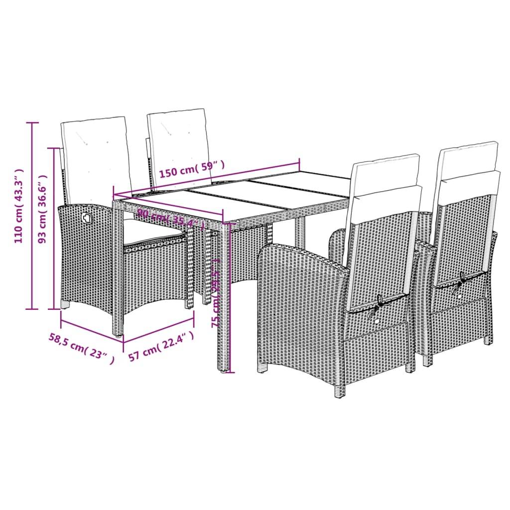 vidaXL 5-tlg. Garten-Essgruppe mit Kissen Grau Poly Rattan