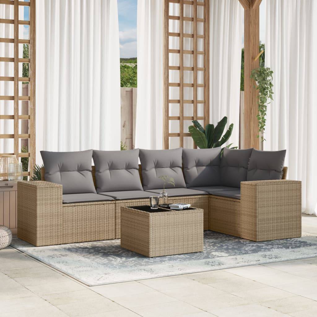 vidaXL 6-tlg. Garten-Sofagarnitur mit Kissen Beige Poly Rattan